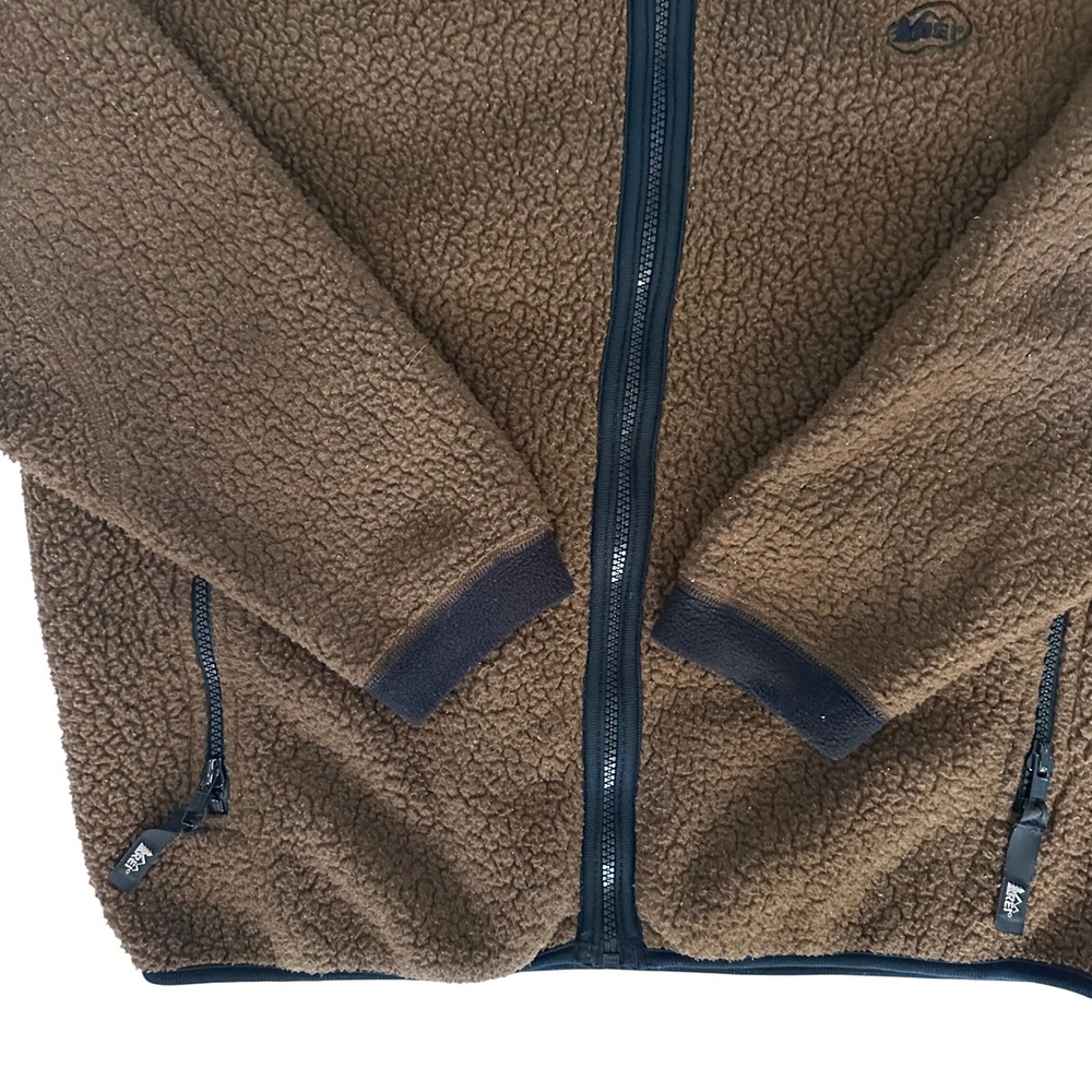 Vintage REI Sherpa Fleece Jacket Size S Brown Full Zip Deep Pile Mountain Logo - Picture 2 of 5